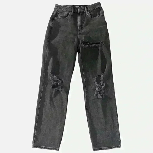 Hollister Womens Ultra High Rise Straight Leg Jeans Black Distressed Zipper 26 3 - Picture 2 of 12